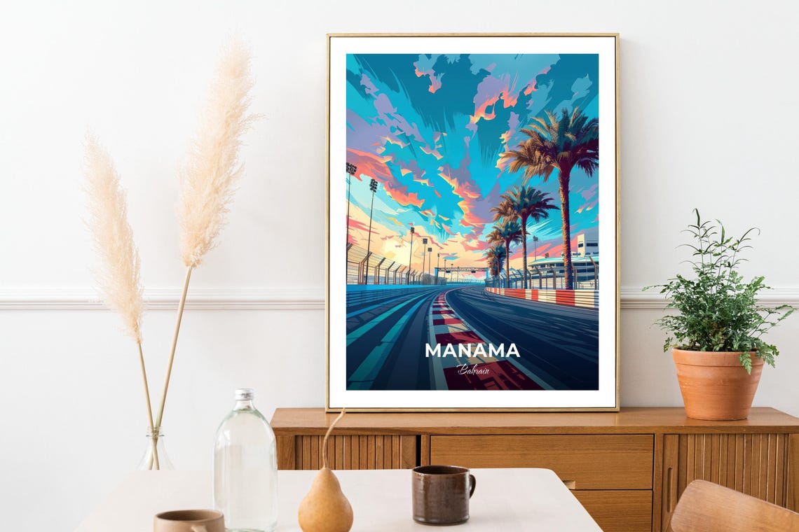 Manama Bahrain Race Track Sunset Palm Trees Night Glow Poster - Image 3