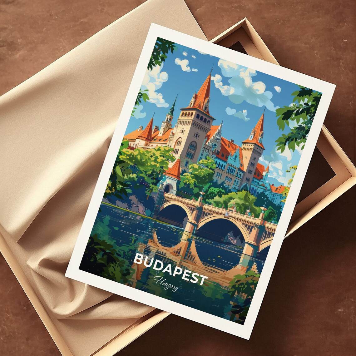 Budapest Hungary Vajdahunyad Castle Fairytale Spires Lake Travel Poster - Image 3