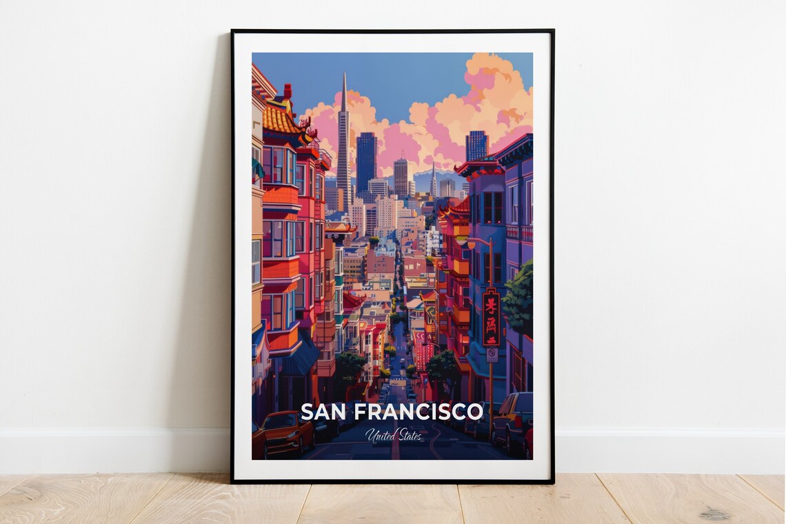 San Francisco Chinatown Street Skyline Transamerica Tower Travel Poster