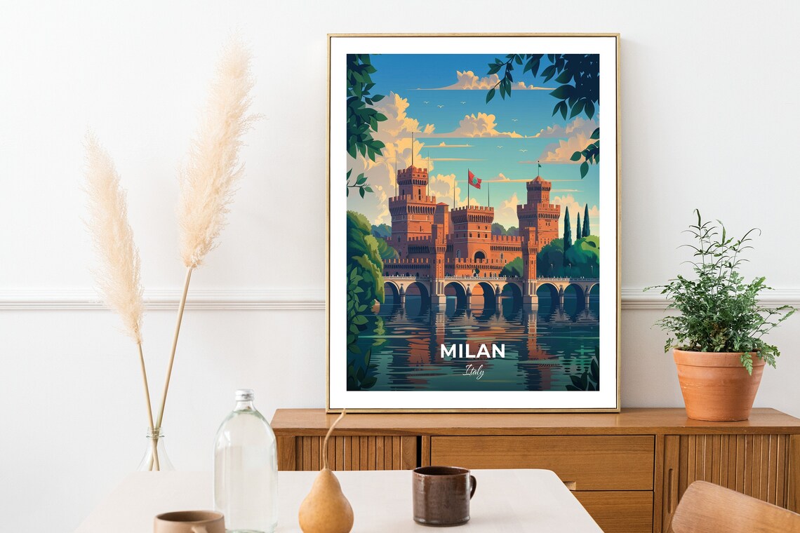 Milan Italy Historic Red Brick Castle Reflecting Over Calm Water Poster - Image 2