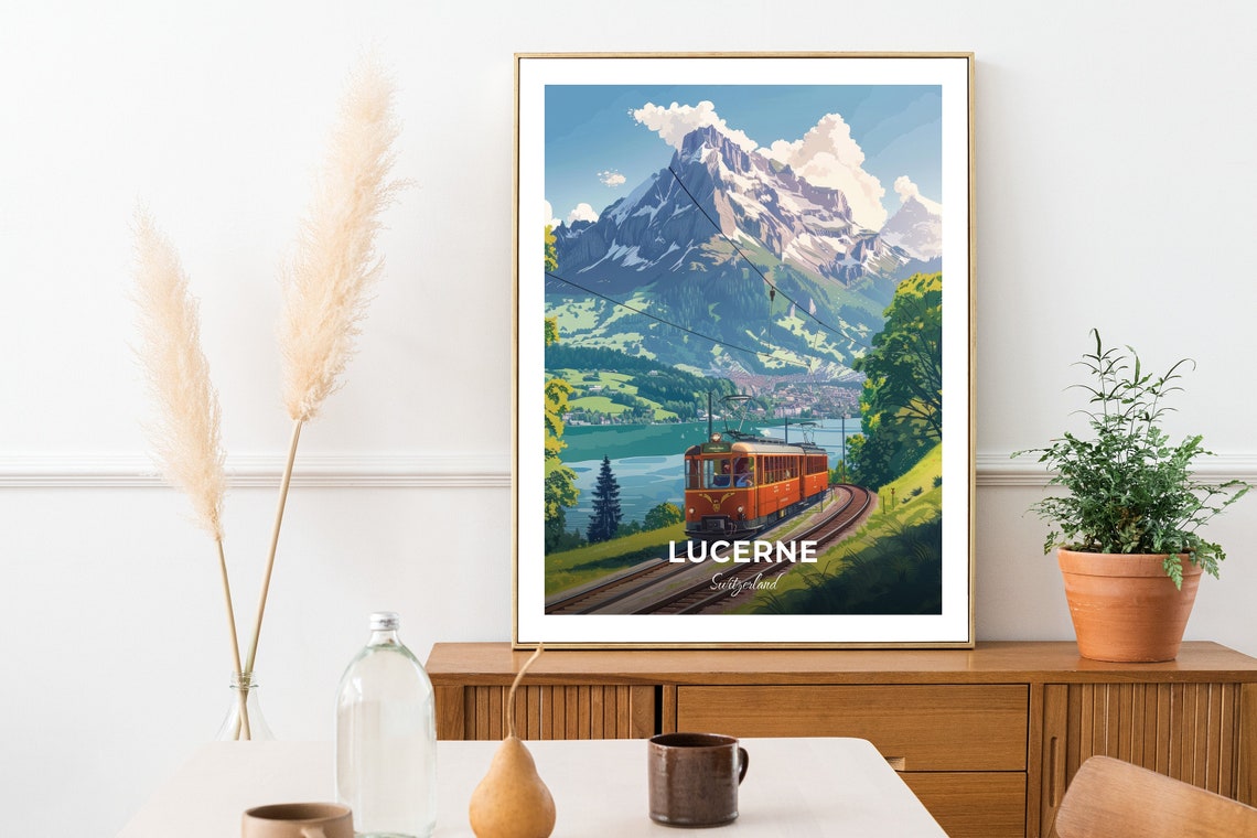 Lucerne Switzerland Mountain Railway Tram Lake Travel Poster - Image 2