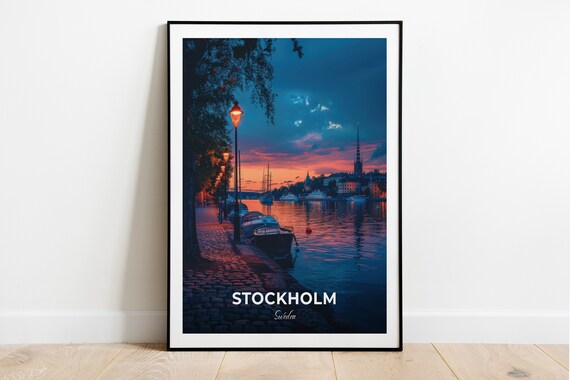 Stockholm Sweden Harbor Dusk Lamp Posts Boats Waterfront Poster