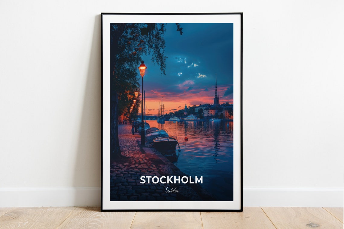 Stockholm Sweden Harbor Dusk Lamp Posts Boats Waterfront Poster
