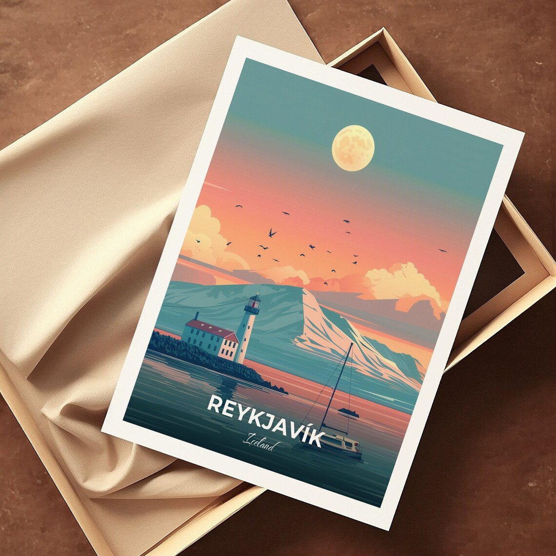 Reykjavik Iceland Lighthouse Moonrise Mountain Sailboat Night Poster - Image 3