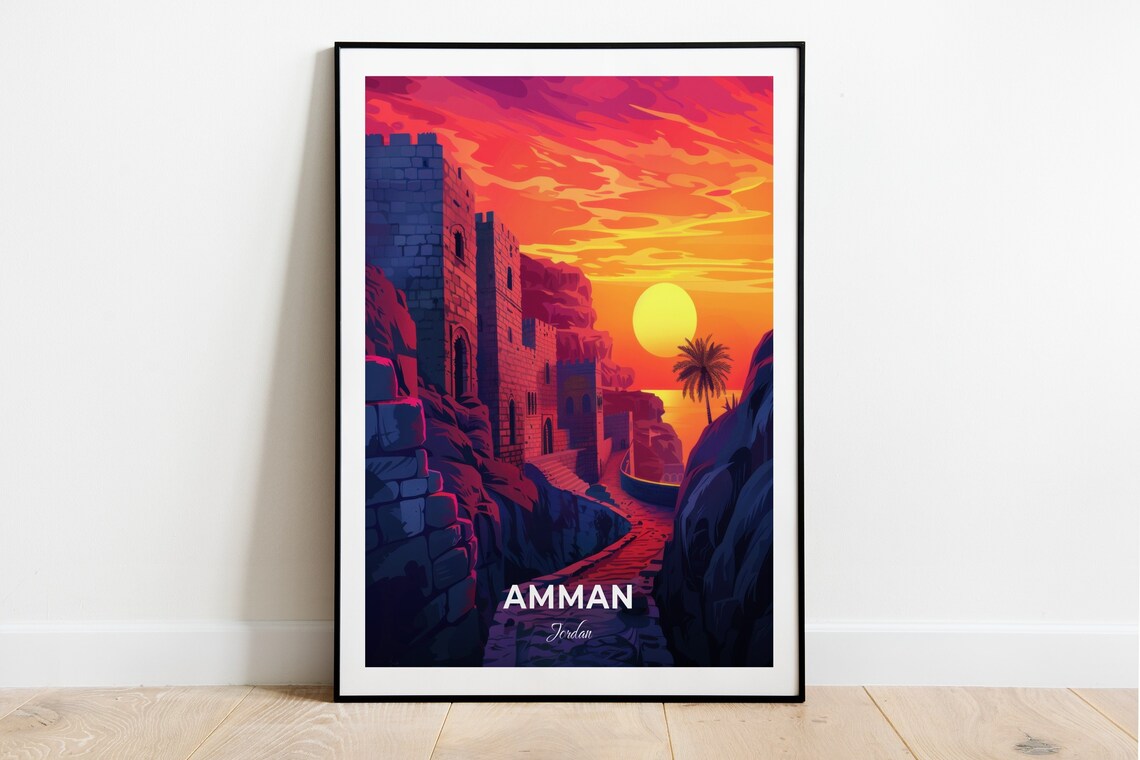 Amman Jordan Ancient Stone Fortress Towers Golden Sunset Travel Poster