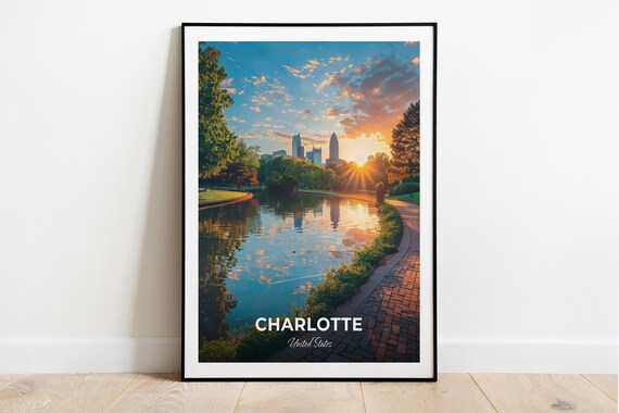 Charlotte North Carolina Park Lake Sunset Skyline Reflections Travel Poster