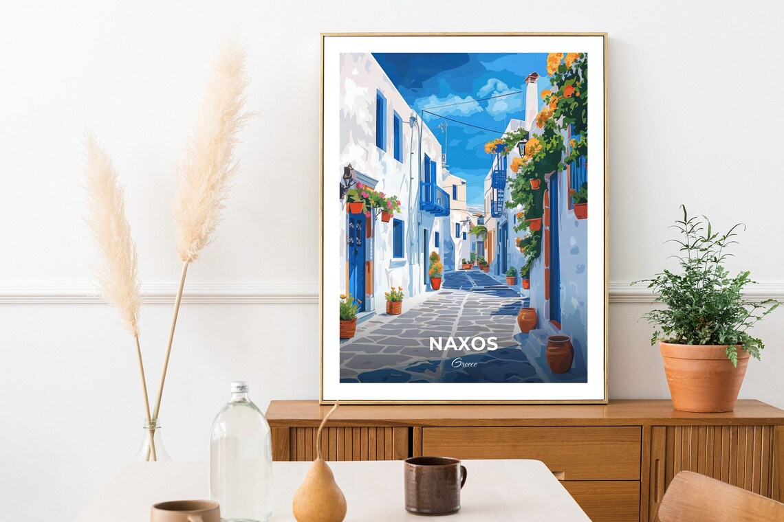 Naxos Old Town Whitewashed Alley Flowers Greece Island Travel Poster - Image 2