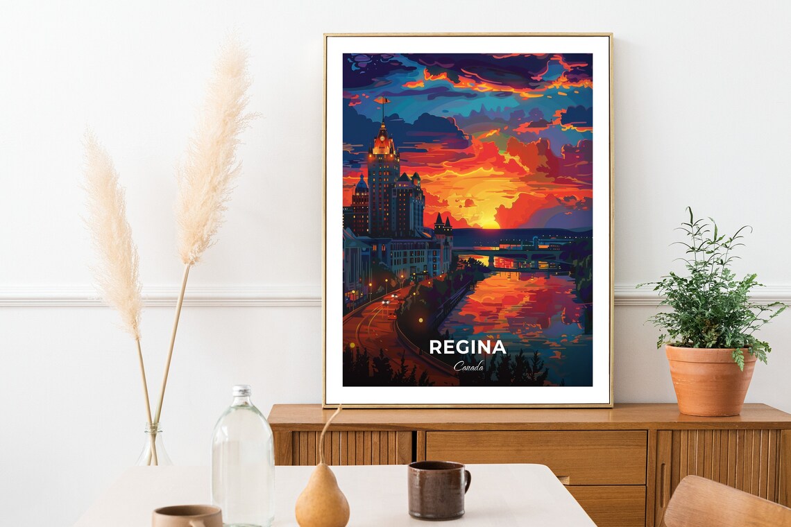 Regina Canada Casino Regina Lakefront Sunset Skyline Travel Poster - Image 2