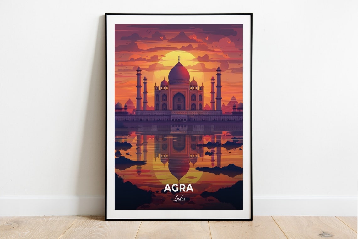 Agra Taj Mahal Sunset Reflection India Iconic Landmark Travel Poster