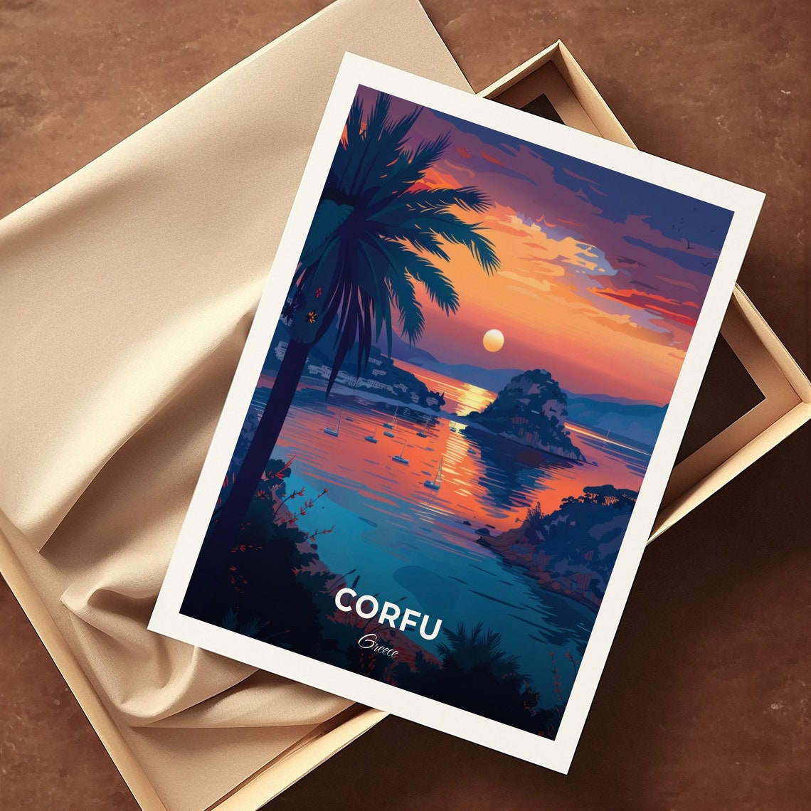 Corfu Greece Mouse Island Sunset Palm Sea View Travel Poster - Image 3