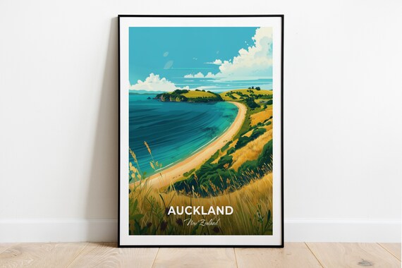 Auckland Waiheke Island Curved Beach Bay Headland Travel Poster