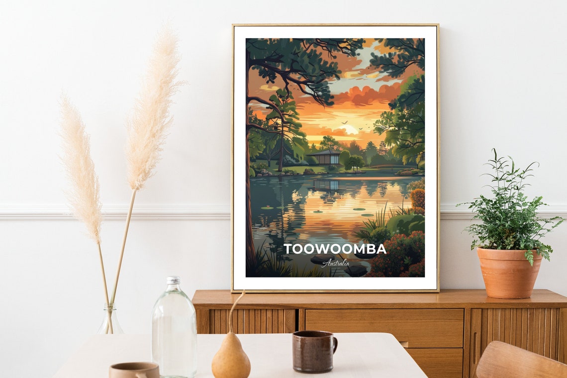 Toowoomba Australia Sunset Lake Reflection and Lily Pads Travel Poster - Image 3