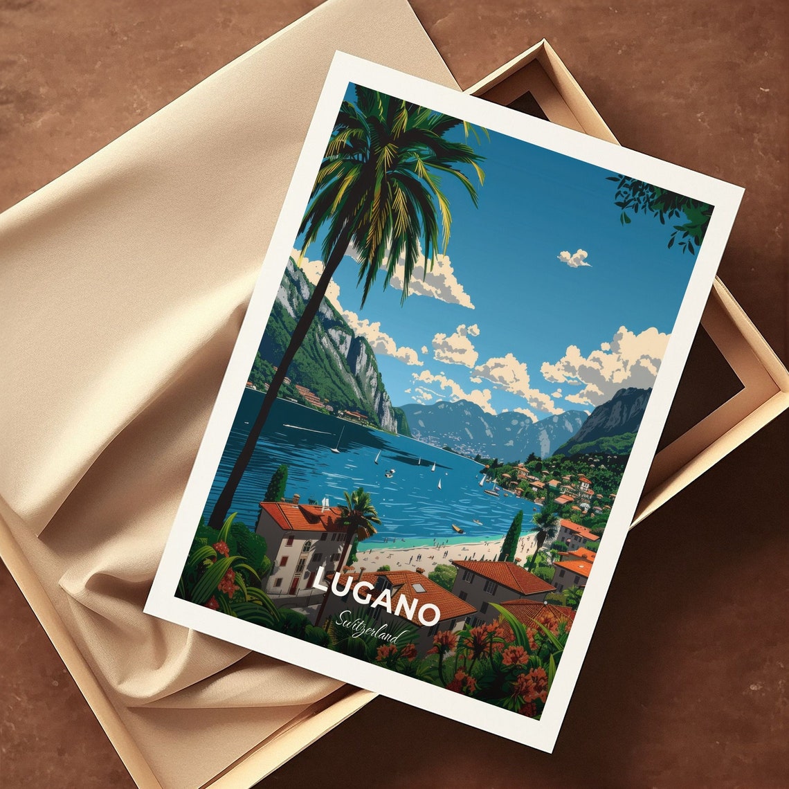 Lugano Switzerland Lakefront Palms Villages Alpine Lake Travel Poster - Image 3