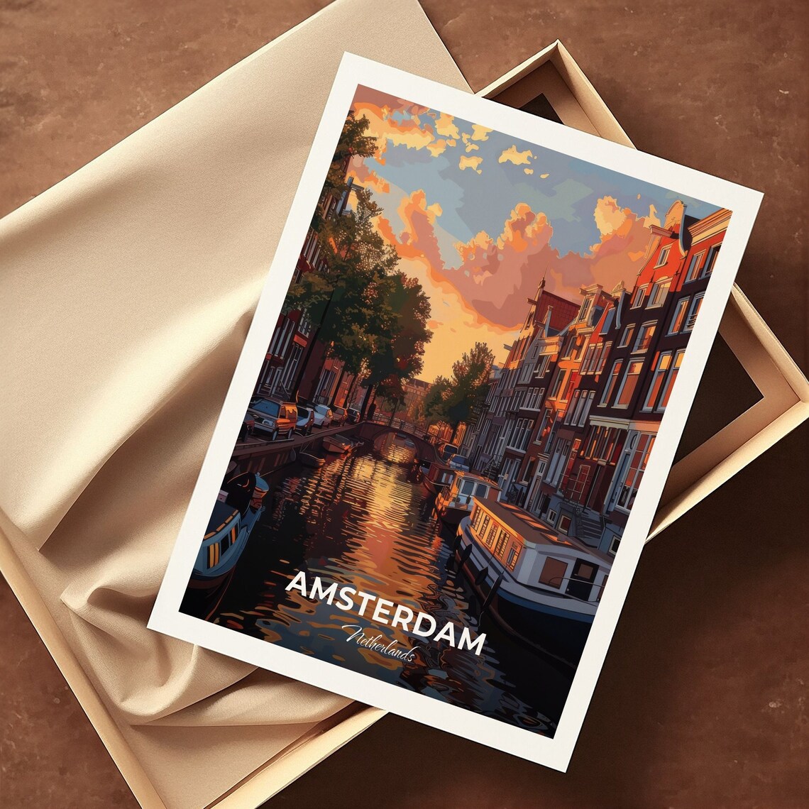 Amsterdam Jordaan Canal Sunset Houseboats Golden Reflections Travel Poster - Image 3
