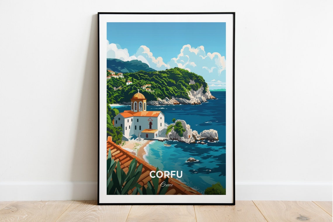 Corfu Greece Monastery Golden Dome Island Coast Travel Poster