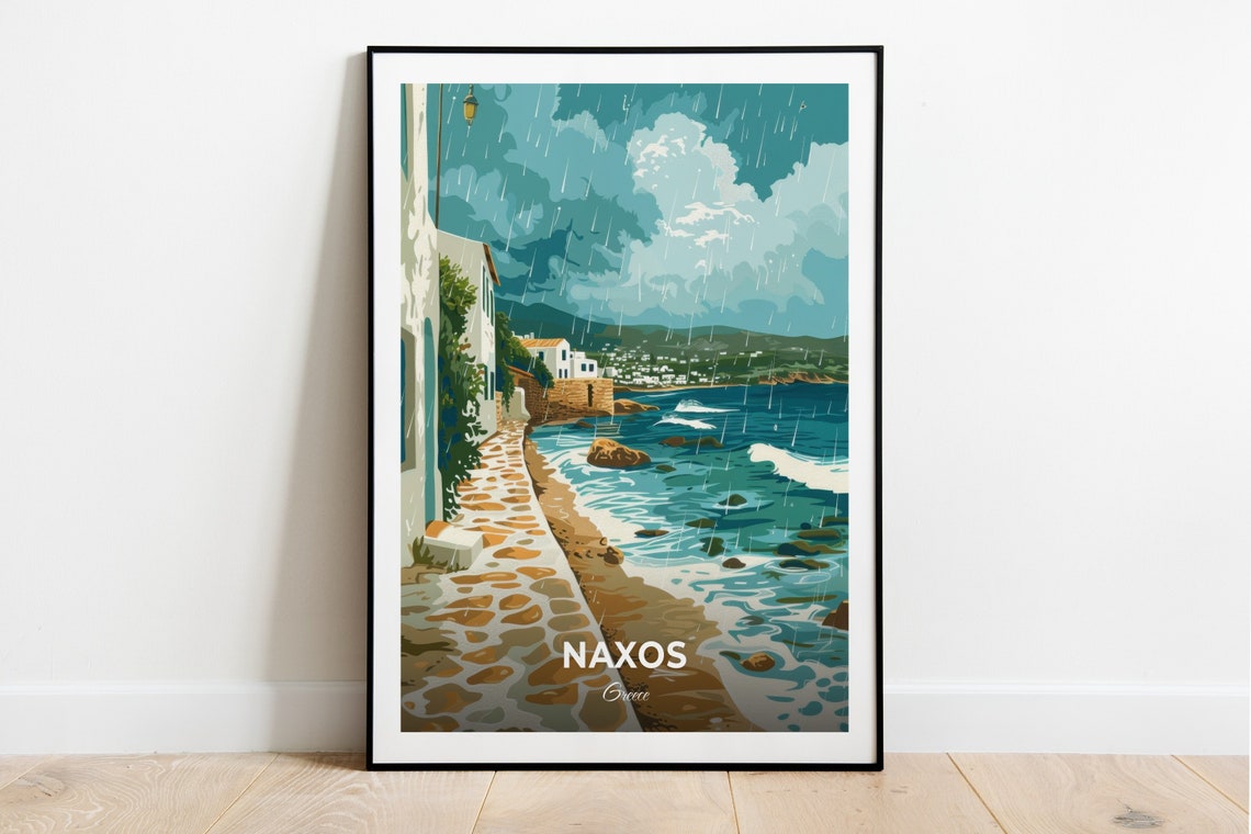 Naxos Greece Rainy Beach Stormy Shoreline Stone Path Travel Poster