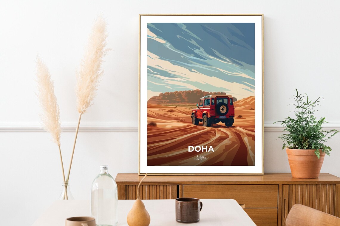 Doha Qatar Desert Safari Red Jeep Dunes Travel Adventure Poster - Image 3