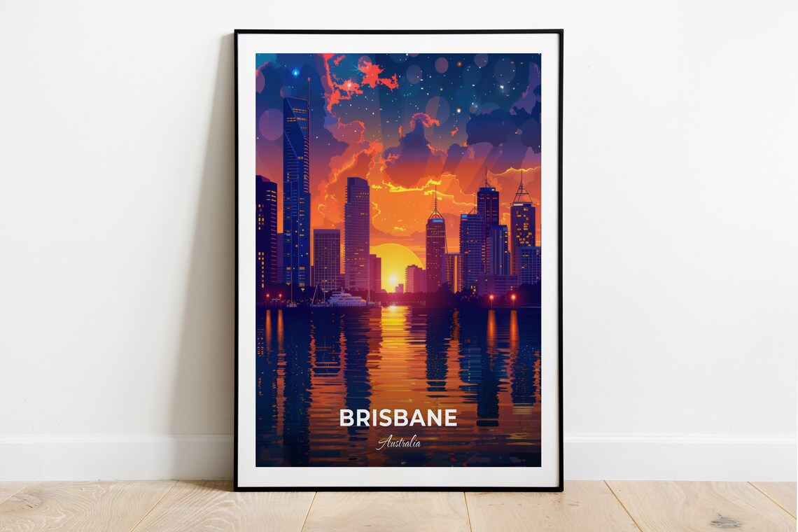 Brisbane Australia City Skyline Reflections on the River at Night Poster