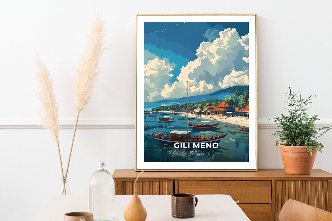 Gili Meno Harbour Boats Beach Huts Coast Indonesia Vintage Travel Poster - Image 3