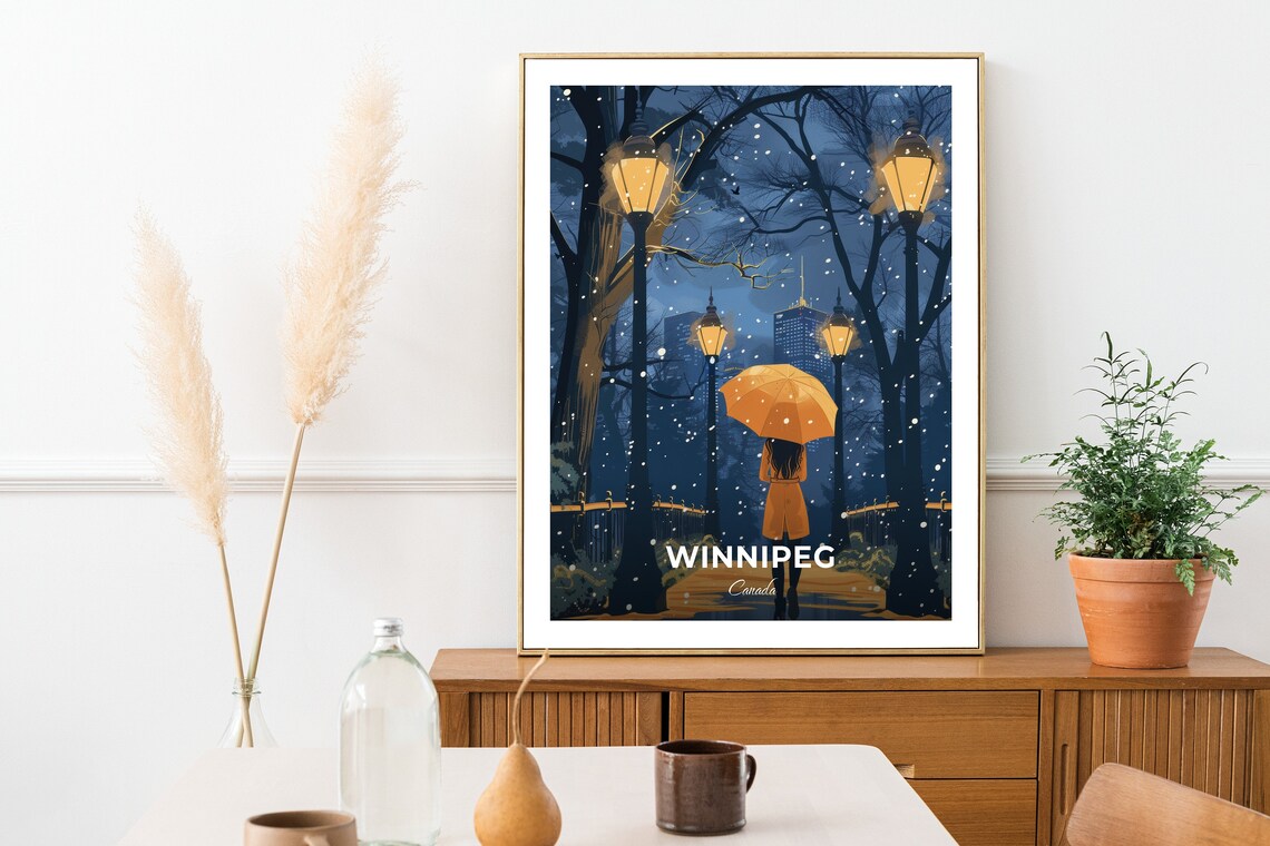 Winnipeg Canada Snowy Night Park Umbrella Stroll Scene Poster - Image 2