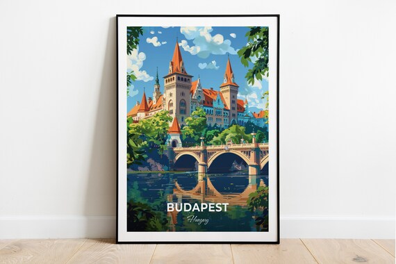 Budapest Hungary Vajdahunyad Castle Fairytale Spires Lake Travel Poster