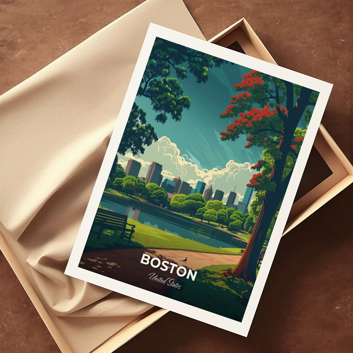 Boston Common Park Lake Skyline Autumn United States Travel Poster - Image 3