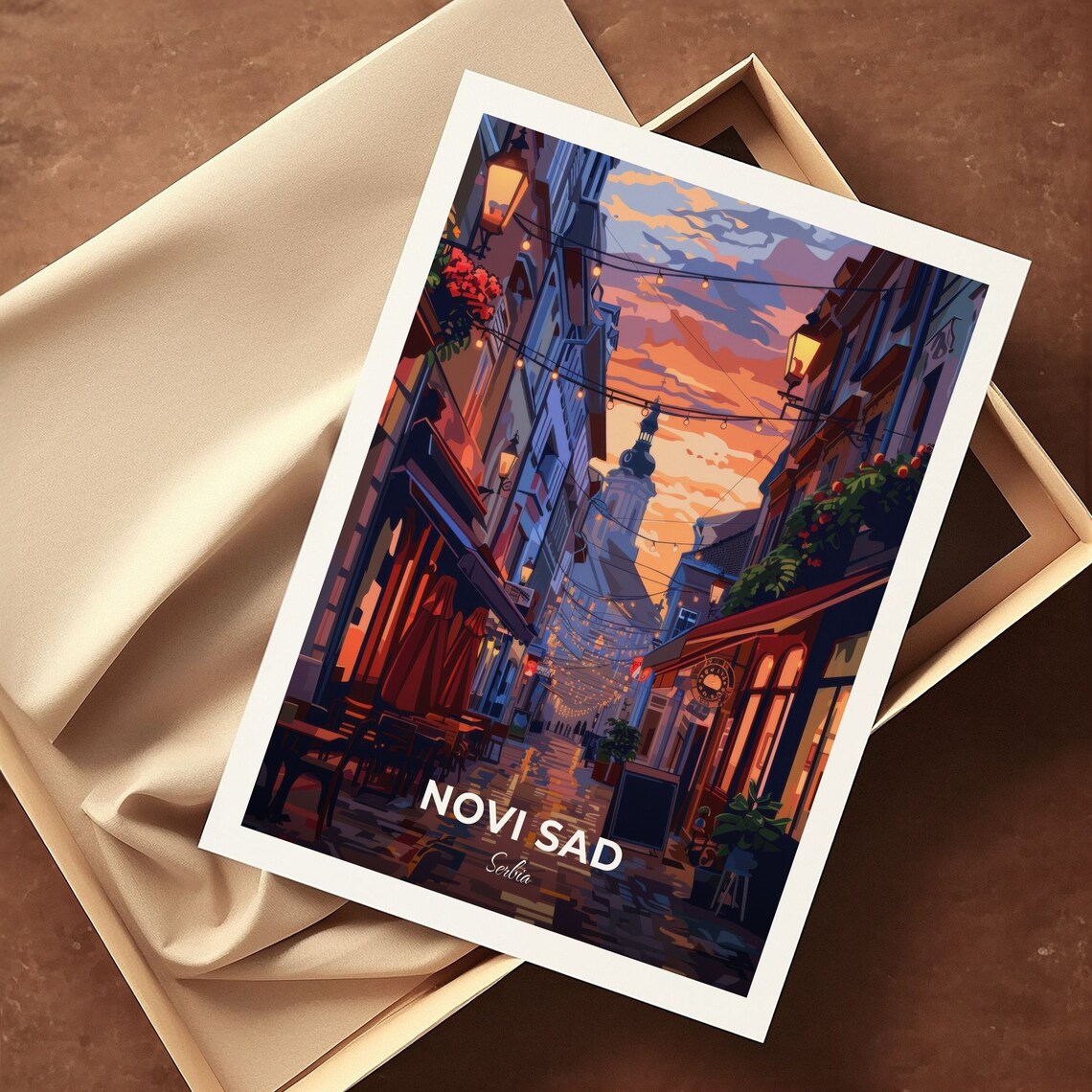 Novi Sad Evening Old Street String Lights Cafe Serbia Travel Poster - Image 3