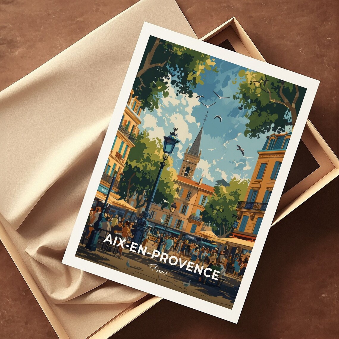 Aix-en-Provence Cours Mirabeau Cafes Church France Vintage Travel Poster - Image 3