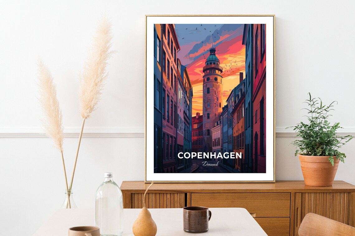 Copenhagen Denmark Historic Round Tower Over Old Town At Sunset Poster - Image 2
