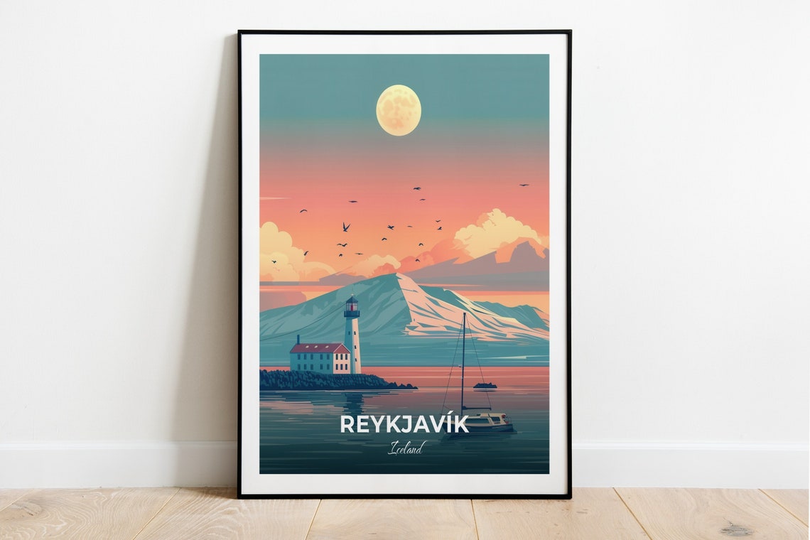 Reykjavik Iceland Lighthouse Moonrise Mountain Sailboat Night Poster