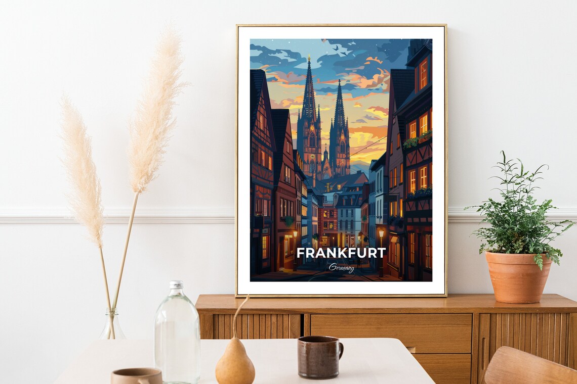 Frankfurt Germany Gothic Cathedral Sunset Old Town Glowing Street Poster - Image 2