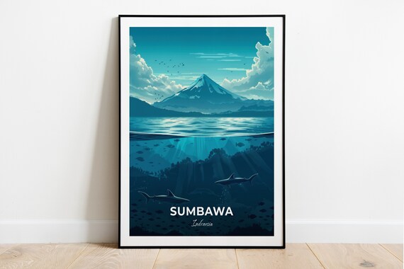 Sumbawa Indonesia Volcano and Sharks Split View Travel Poster