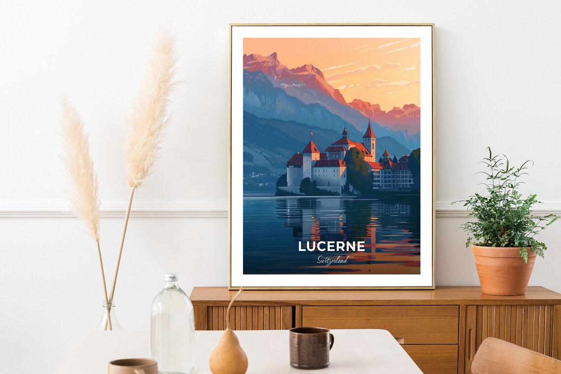 Lucerne Switzerland Travel Poster Lakeside Old Town Sunset Artwork - Image 2