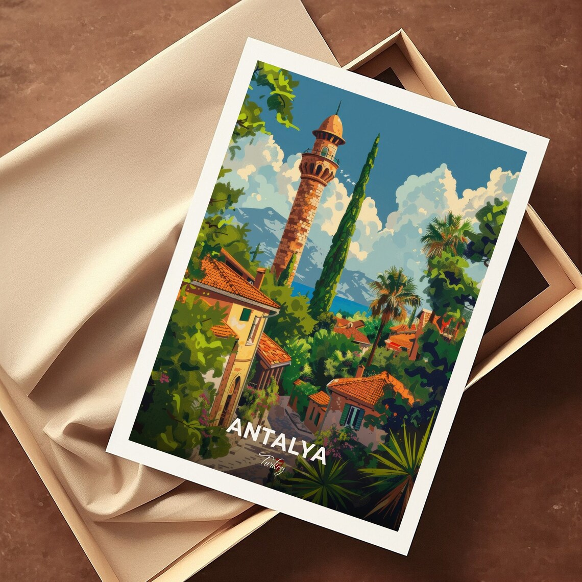Antalya Turkey Yivli Minare Tower Travel Poster Old Town Gardens Art - Image 3