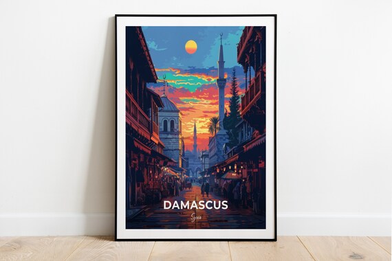 Damascus Old Souq Street Minaret Fiery Sunset Travel Scene Poster