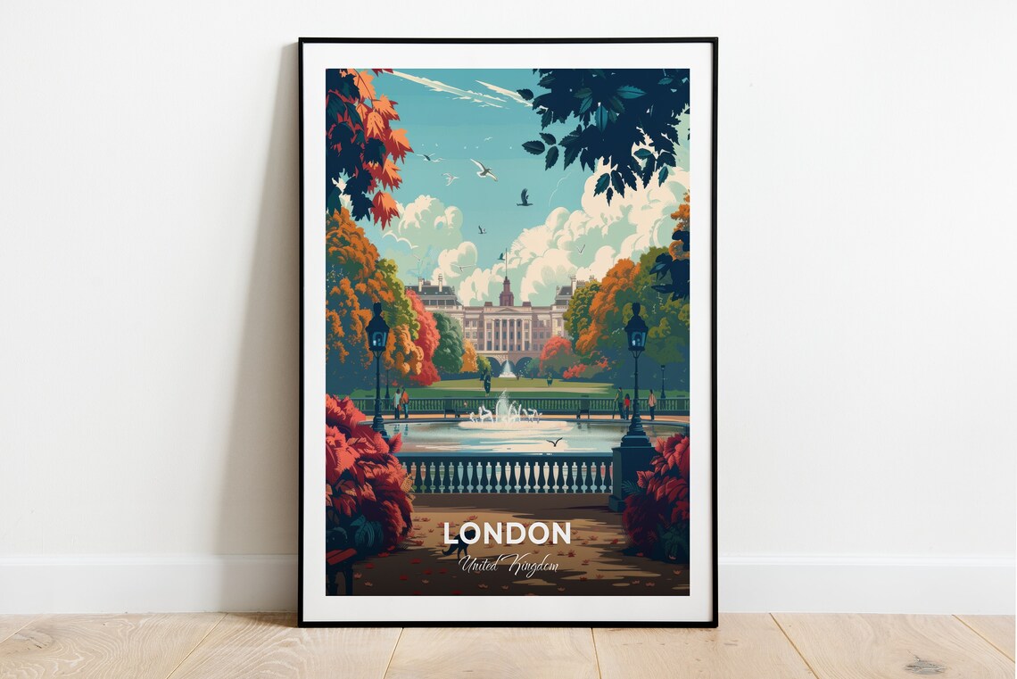 London Hyde Park Autumn Lake Gardens Fountain Scene Travel Poster