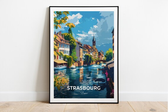Strasbourg France Blue Canal Colorful Houses Boats Travel Poster