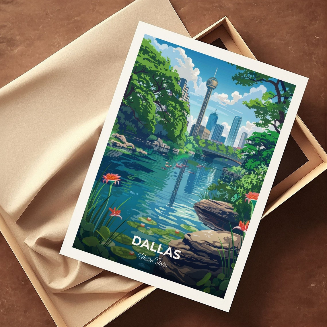 Dallas Reunion Tower Lake Reflection Skyline Oasis Travel Poster - Image 3