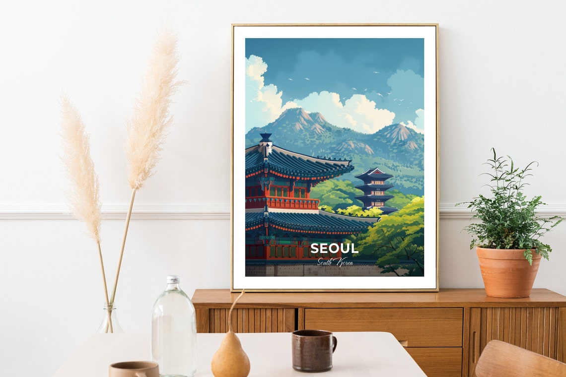 Seoul Gyeongbokgung Palace Pavilion Mountain Backdrop Poster - Image 2