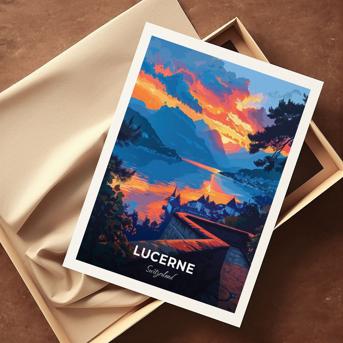Lucerne Switzerland Musegg Wall Lakeside Sunset Mountain View Poster - Image 3