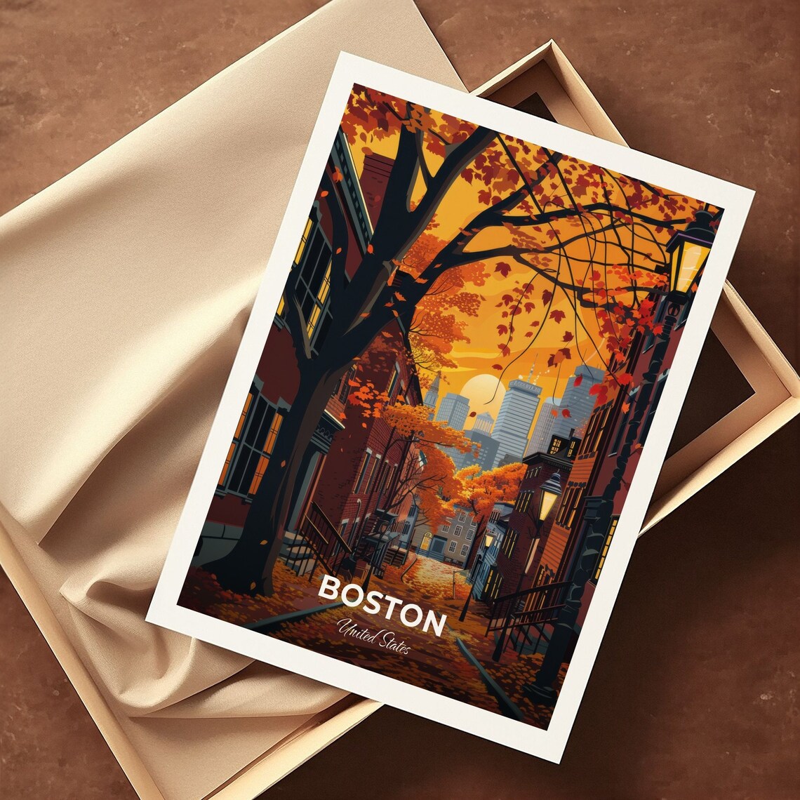 Boston Autumn Street Brick Townhouses Fall Foliage Travel Scene Poster - Image 3