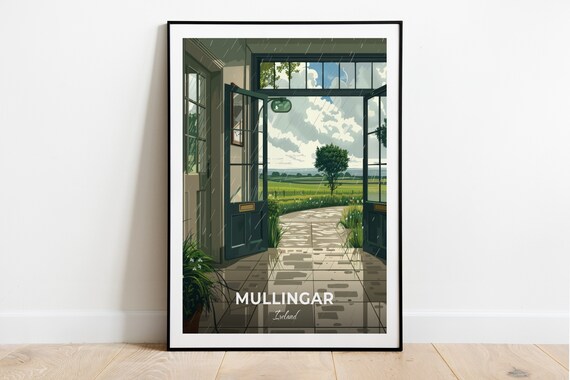 Mullingar Ireland Rainy Doorway Green Fields View Travel Poster