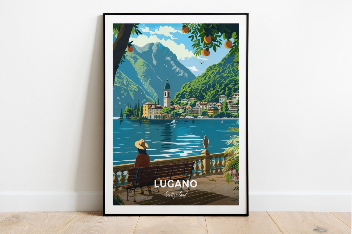 Lugano Switzerland Lakeside Mountain Village View Travel Poster