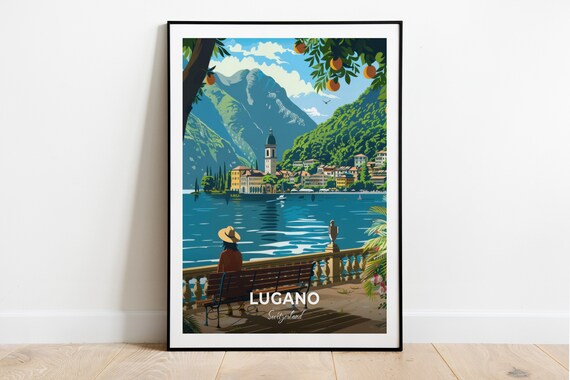 Lugano Switzerland Lakeside Mountain Village View Travel Poster