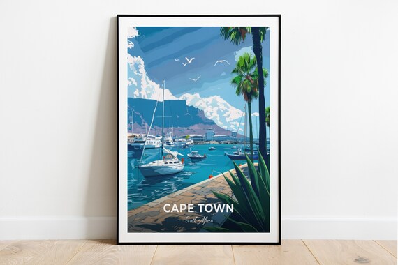 Cape Town Waterfront Sailboats and Table Mountain Travel Poster
