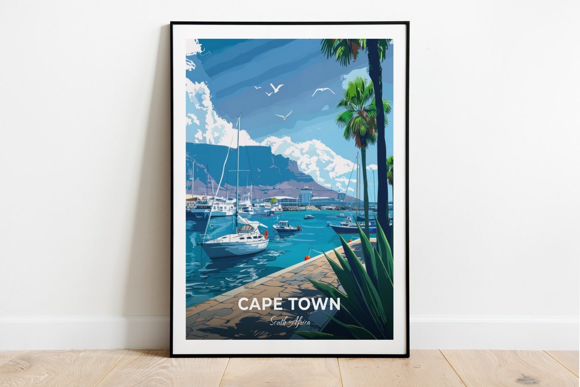 Cape Town Waterfront Sailboats and Table Mountain Travel Poster