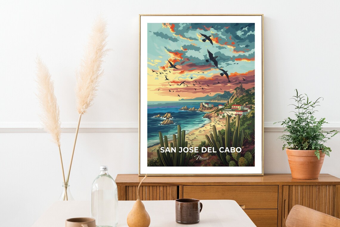 San Jose del Cabo Beach Cliffs Birds at Sunset Mexico Coastline Travel Poster - Image 2