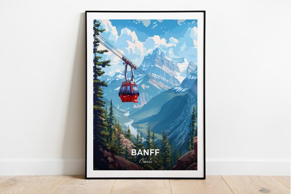 Banff Canada Travel Poster Red Gondola Mountain Valley Ride Artwork
