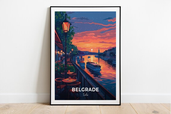 Belgrade Zemun Quay Riverside Sunset Cafes Boats Travel Poster