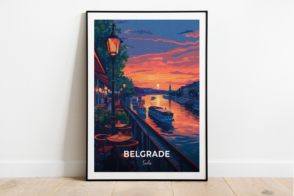 Belgrade Zemun Quay Riverside Sunset Cafes Boats Travel Poster